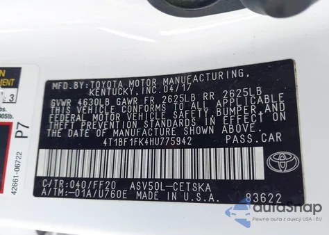 2017 Toyota Camry Se from USA, damaged, VIN 4T1BF1FK4HU775942
